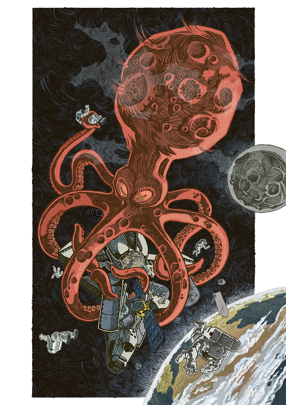 An amazing poster by Philip Schaufelberger, depicting a space kraken devouring a space shuttle